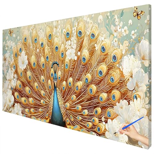 Malen Nach Zahlen Erwachsene Groß 100x40cm Malen Nach Zahlen Pfau Basteln Erwachsene Blumen Paint by Numbers Adult Kit DIY Acrylfarbe Ölgemälde Set für Anfänger, Geschenke für Frauen Herbst Deko E-32 von Ciooyxee