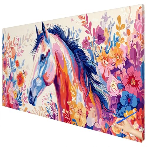 Malen Nach Zahlen Erwachsene Groß 120x50cm Malen Nach Zahlen Blumen Basteln Erwachsene Pferd Paint by Numbers Adult Kit DIY Acrylfarbe Ölgemälde Set für Anfänger, Geschenke für Frauen Deko A-82 von Ciooyxee