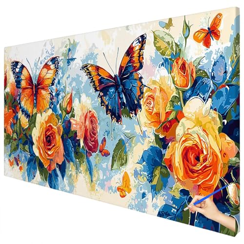 Malen Nach Zahlen Erwachsene Groß 120x50cm Malen Nach Zahlen Blumen Basteln Erwachsene Schmetterling Paint by Numbers Adult Kit DIY Acrylfarbe Ölgemälde Set Geschenke für Frauen Herbst Dekoration A-96 von Ciooyxee