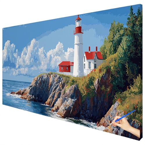 Malen Nach Zahlen Erwachsene Landschaft 70x30cm XXL Malen Nach Zahlen Kinder ab 10 DIY Set Erwachsene Anfänger Paint by Numbers Leuchtturm Handgemalt Ölgemälde Leinwand Kit Geschenke Herbstdeko B-04 von Ciooyxee