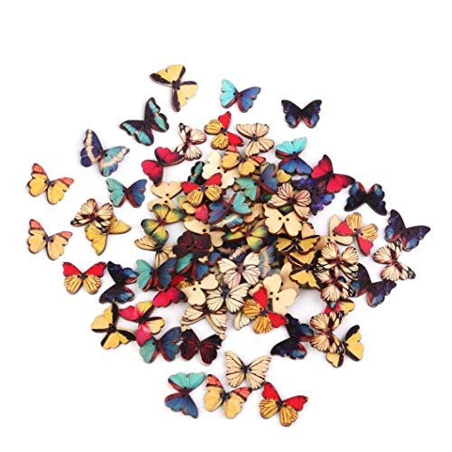 Cisixin Candy Farbe Blume DIY Holz-Schmetterling zum Annähen Vintage Libelle Tasten, Zeichnung Bunt Schmetterling Holz Buttons für Nähen DIY Handwerk 100 Stück von Cisixin