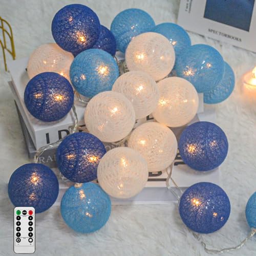 Ciskotu Baumwollkugeln Lichterkette, 20 LED USB Dimmbar Cotton Ball Lichterkette mit Fernbedienung und Timer, LED Kugeln Lichterkette Innen für Kinderzimmer Weihnachten Hochzeit Party (Blau) von Ciskotu