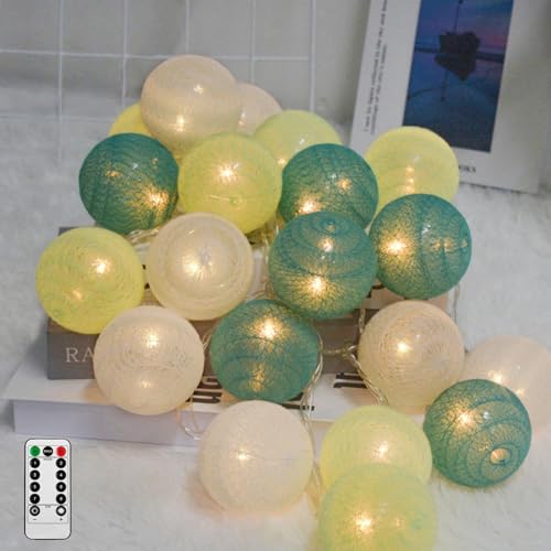 Ciskotu Baumwollkugeln Lichterkette, 20 LED USB Dimmbar Cotton Ball Lichterkette mit Fernbedienung und Timer, LED Kugeln Lichterkette Innen für Kinderzimmer Weihnachten Hochzeit Party (Grün) von Ciskotu