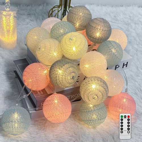 Ciskotu Baumwollkugeln Lichterkette, 20 LED USB Dimmbar Cotton Ball Lichterkette mit Fernbedienung und Timer, LED Kugeln Lichterkette Innen für Kinderzimmer Weihnachten Hochzeit Party (Macaron) von Ciskotu