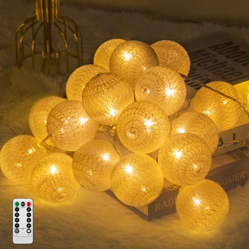 Ciskotu Baumwollkugeln Lichterkette, 20 LED USB Dimmbar Cotton Ball Lichterkette mit Fernbedienung und Timer, LED Kugeln Lichterkette Innen für Kinderzimmer Weihnachten Hochzeit Party (Weiß) von Ciskotu