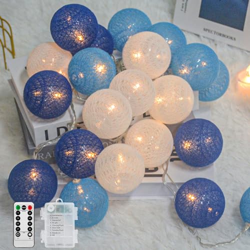 Ciskotu Baumwollkugeln Lichterkette Batteriebetrieben, 20 LED Dimmbar Cotton Ball Lichterkette mit Fernbedienung, LED Kugeln Lichterkette Innen für Kinderzimmer Weihnachten Hochzeit Party(Blau) von Ciskotu