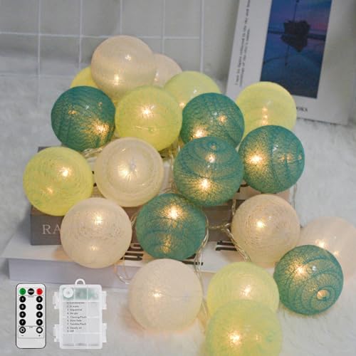 Ciskotu Baumwollkugeln Lichterkette Batteriebetrieben, 20 LED Dimmbar Cotton Ball Lichterkette mit Fernbedienung, LED Kugeln Lichterkette Innen für Kinderzimmer Weihnachten Hochzeit Party(Grün) von Ciskotu