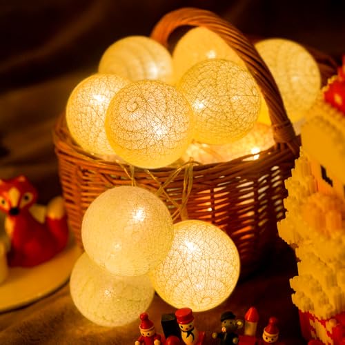 Ciskotu Lichterketten Inne Batterie, 3.8M Lichterkette Lampions 20 LED, Cotton Ball Lichterkette Kugeln für Kinderzimmer Weihnachten Party Garten Terrasse(Weiß) von Ciskotu