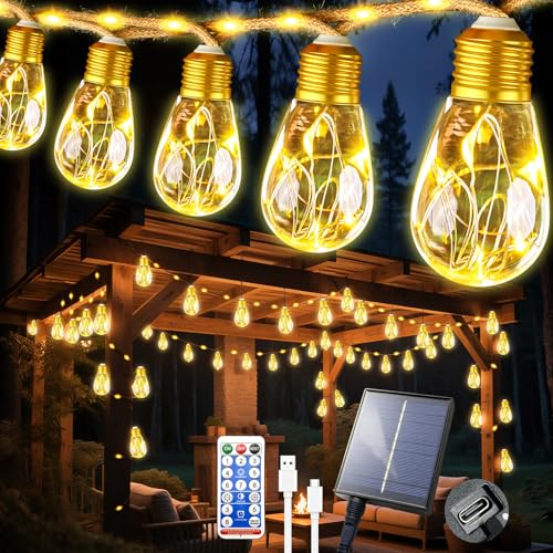 Ciskotu Solar Lichterkette Aussen, 8.0M 16 Glühbirnen 8 Modi (160+60) LED Hanfseil Lichterkette Außen Wetterfest Gartenleuchte, Vintage Outdoor Hanfseil Lichterkette für Garten, Balkon,Terrasse von Ciskotu
