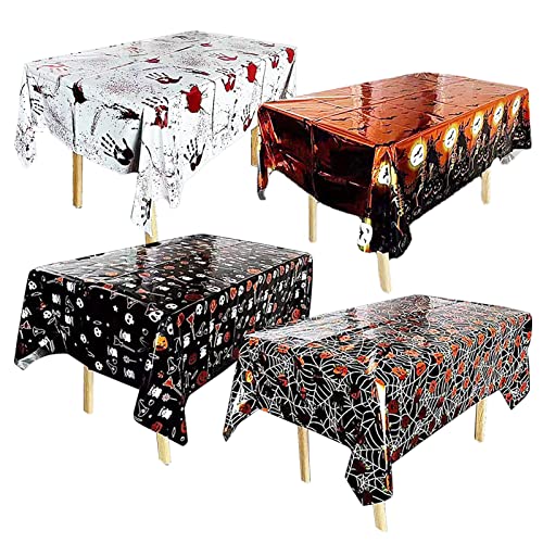 Cisolen 4 Stück Halloween Tischdecke wasserdichte Tischdecke Rechteckige Kürbis Spinnennetz Geister Fledermaus Kunststoff Tischdeckes für Zuhause Gruselige Tischdeckes Halloween Party Dekor von Cisolen