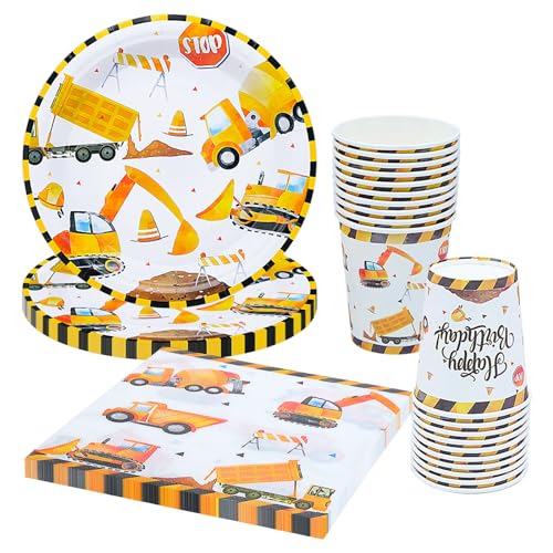 Cisolen 60 Stück Bagger Baustelle Partygeschirr Kindergeburtstag Bagger Geburtstag Party Geschirr Bau Pappteller Party Supplies für Kinder Thema Geburtstag Dusche Dekoration von Cisolen
