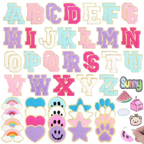 77 Stück selbstklebende Chenille-Patches, 52 A-Z Varsity 5,3 cm Buchstaben-Aufnäher, 25 Stück niedliche Glitzer-Chenille-Aufkleber für Kleidung, Hüte, Laptop, Handyhülle, Kühlschrank, bestickte von Ckysee