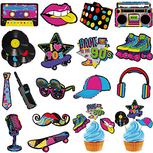 Clabby 32 Stücke 90er Cupcake Topper Thema Geburtstag Party Dekorationen für Erwachsene Volles 1990er Zubehör DIY Dessert Toppers Rollschuh Kuchen (90s Style) von Clabby