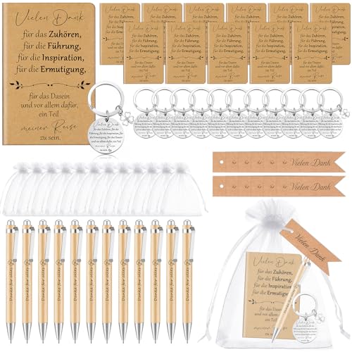 Clabby 12 Set Dankeschön Geschenke Kollegen Mini Notizblöcke mit Spruch Motivations Schlüsselanhänger Holz Kugelschreiber Danke Tag Mullbeutel Mitarbeiter Abschiedsgeschenk(Vielen Dank) von Clabby
