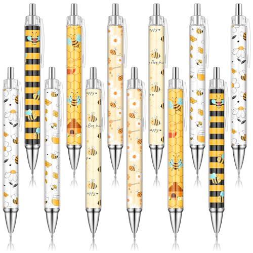 Clabby 12 Stück Kugelschreiberset mit Bienenmotiv Einziehbarer Druckkugelschreiber Set Cartoon-Kugelschreiber zum Weihnachten Schulbürobedarf Geschenk zum Biene Liebhaber Lehrertag von Clabby