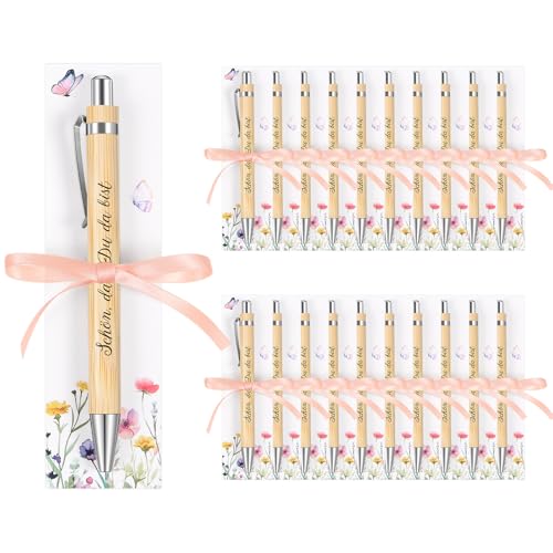 Clabby 20 Sets Schön Das du da Bist Dankeschön Gastgeschenk Hochzeit Holz Kugelschreiber Druckkugelschreiber mit Gravur, Karte, Band, Gastgeschenke für Taufe Geburtstag (Blumen) von Clabby