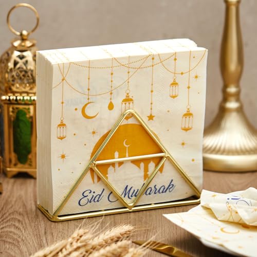 Clabby 50 Stück 33x33cm Ramadan Deko Servietten Eid Ramadan Mubarak Servietten Weiß Gold Hayirli Ramazanlar Papierservietten für Mubarak Tischdeko von Clabby