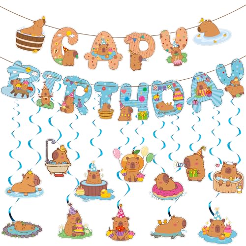 Clabby Capybara Geburtstagsdekoration, 26 Stück, niedliche Capy-Themen-Banner, hängende Wirbel, Dekoration, Capybara-Banner, Deckenwirbel, Gastgeschenk für Capy-Tier-Thema, Kinder, Jungen, Mädchen Clabby Capybara Geburtstagsdekoration, 26 Stück, niedliche Capy-Themen-Banner, hängende Wirbel, Dekoration, Capybara-Banner, Deckenwirbel, Gastgeschenk für Capy-Tier-Thema, Kinder, Jungen, Mädchen von Clabby