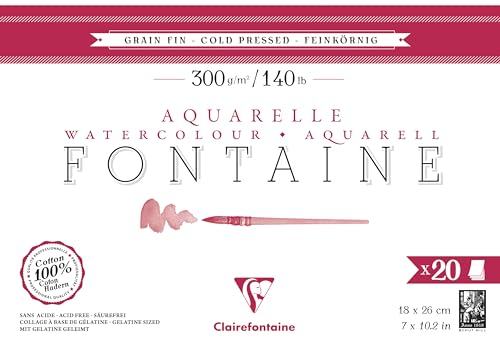 Clairefontaine 975449C - Aquarellblock Fontaine feinkörnig, 20 Blatt, 18x26cm, 300g, geleimt, ideal für Nasstechniken, 1 Block von Clairefontaine