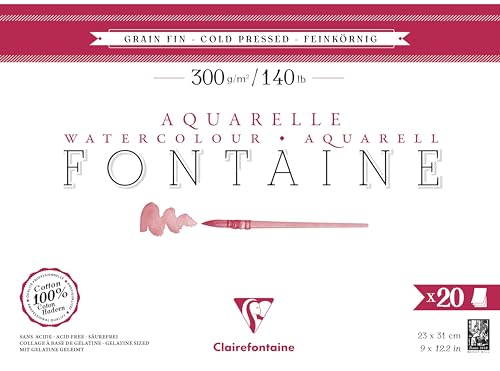Clairefontaine 975500C - Aquarellblock Fontaine feinkörnig, 20 Blatt, 23x31cm, 300g, geleimt, ideal für Nasstechniken, 1 Block von Clairefontaine