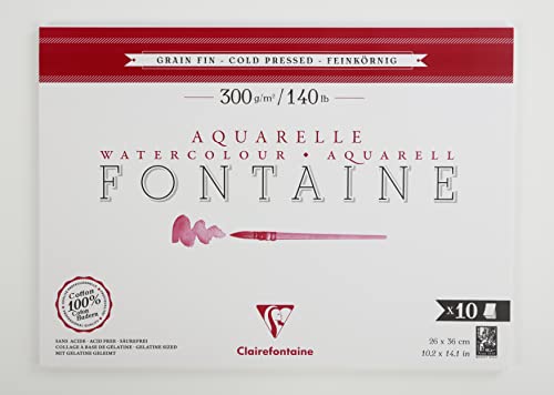 Clairefontaine 975512C - Aquarellblock Fontaine feinkörnig, 10 Blatt, 26x36cm, 300g, geleimt, ideal für Nasstechniken, 1 Block von Clairefontaine