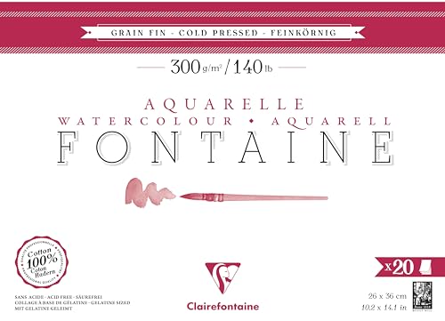 Clairefontaine 975501C - Aquarellblock Fontaine feinkörnig, 20 Blatt, 26x36cm, 300g, geleimt, ideal für Nasstechniken, 1 Block von Clairefontaine
