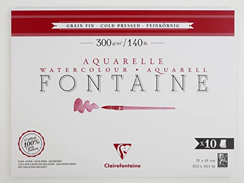Clairefontaine 975513C - Aquarellblock Fontaine feinkörnig, 10 Blatt, 31x41cm, 300g, geleimt, ideal für Nasstechniken, 1 Block von Clairefontaine