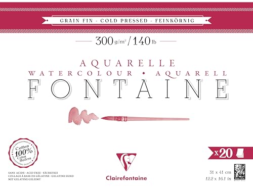 Clairefontaine 975502C - Aquarellblock Fontaine feinkörnig, 20 Blatt, 31x41cm, 300g, geleimt, ideal für Nasstechniken, 1 Block von Clairefontaine