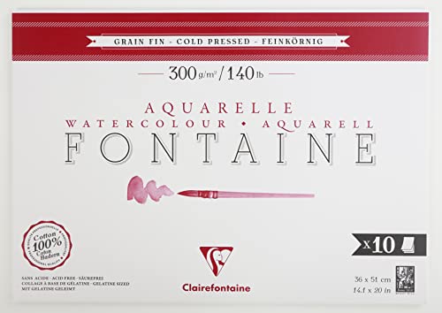 Clairefontaine 975514C - Aquarellblock Fontaine feinkörnig, 10 Blatt, 36x51cm, 300g, geleimt, ideal für Nasstechniken, 1 Block von Clairefontaine