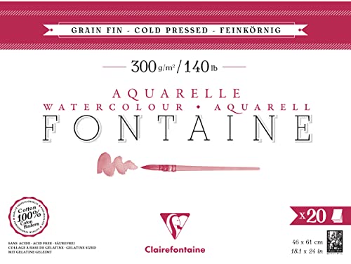 Clairefontaine 975504C - Aquarellblock Fontaine feinkörnig, 20 Blatt, 46x61cm, 300g, geleimt, ideal für Nasstechniken, 1 Block von Clairefontaine