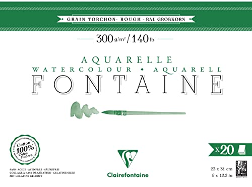 Clairefontaine 975506C - Aquarellblock Fontaine Torchon, 100% Hadern, 20 Blatt, 23x31cm, 300g, geleimt, ideal für Nasstechniken, 1 Block von Clairefontaine