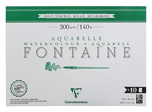 Clairefontaine 975515C - Aquarellblock Fontaine Torchon, 100% Hadern, 10 Blatt, 26x36cm, 300g, 1-seitig geleimt, ideal für Nasstechniken, 1 Block von Clairefontaine