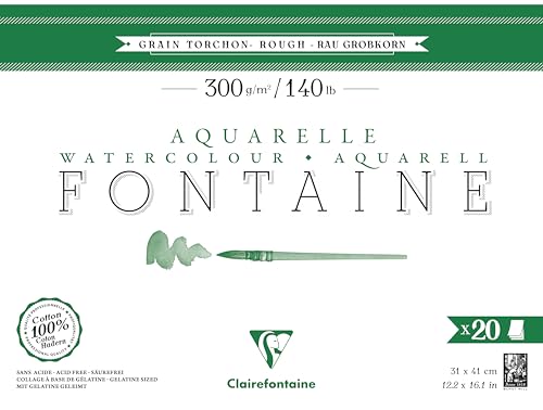 Clairefontaine 975508C - Aquarellblock Fontaine Torchon, 100% Hadern, 20 Blatt, 31x41cm, 300g, geleimt, ideal für Nasstechniken, 1 Block von Clairefontaine