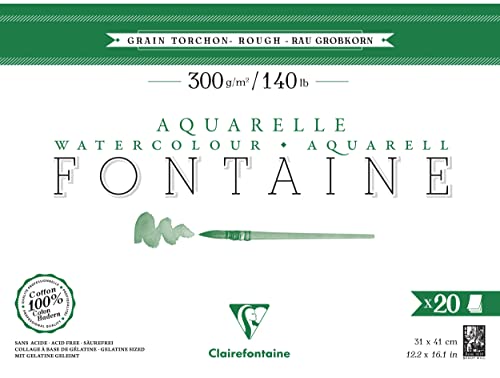 Clairefontaine 975508C - Aquarellblock Fontaine Torchon, 100% Hadern, 20 Blatt, 31x41cm, 300g, geleimt, ideal für Nasstechniken, 1 Block von Clairefontaine