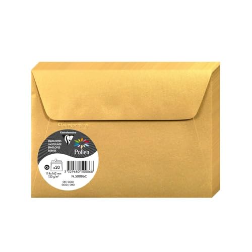 Clairefontaine 50086C - Packung mit 20 Umschläge Pollen selbstklebend, Format C6 11,4x16,2cm, 120g, ideal für Ihre Einladungen und Korrespondenz, Gold, 1 Pack von Clairefontaine
