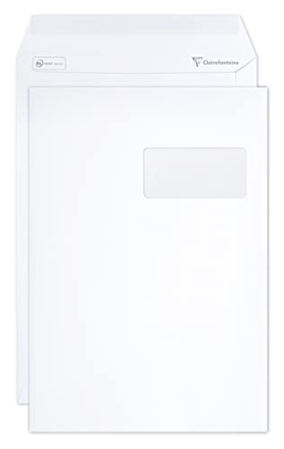 Clairefontaine 10250C - Karton mit 250 Versandtaschen weiß C4-229x324 mm, selbstklebend,120g, mit Sichtfenster 50x100 (50/20), 1 Karton von Clairefontaine