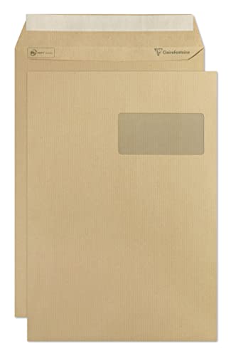Clairefontaine 10350C - Karton mit 250 Versandtaschen mit Rillen Kraftbraun C4-229x324 mm, selbstklebend, 90g, mit Sichtfenster 50x100 (50/20), 1 Karton von Clairefontaine