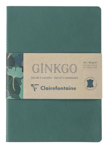 Clairefontaine 115948C - Set mit 2 Notizbüchern Ginkgo, mit Fadenbindung, A5 14,8x21 cm, 32 Blatt liniert 90g, 1 Notizbuch mit Ledereinband + 1 Notizbuch mit bedrucktem Karteneinband, sortiert, 2 Stück von Clairefontaine