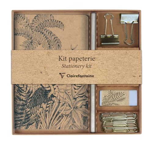 Clairefontaine 116046C Schreibwaren-Set mit einem Notizbuch, 11 x 17 cm, 64 Seiten, liniert, einem Bleistift, 2 Doppelclips, 10 Büroklammern und einem Radiergummi, Kollektion Le Cerisier Blanc von Clairefontaine