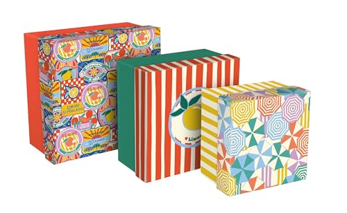Clairefontaine - 116281C Aufbewahrungsboxen, quadratisch, multifunktional, aus Karton, Zitrus-/Streifen-Motiv, 25 x 25 x 12 cm, 20 x 20 x 11 cm und 16 x 16 x 10 cm, Kollektion Dolce Amore von Clairefontaine