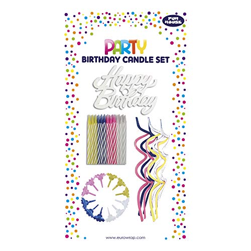 Eurowrap Clairefontaine 12642-GC - Set mit 16 Kerzen 6 cm hoch gedreht (+ 12 Kerzenhalter) + 8 Kerzen 13 cm hoch verdreht sortierte Farben + Deko ''Happy Birthday'', 1 Set, Weiß von Eurowrap