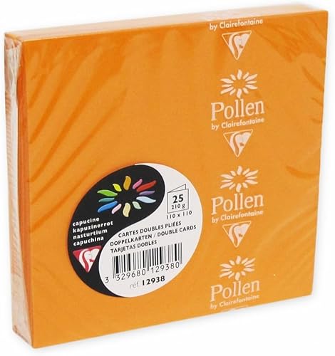 Clairefontaine 12938C - Packung mit 25 Doppelkarten Pollen 110x110mm 210g gefaltet, ideal für Ihre Einladungen und Korrespondenz, Kapuzinerkresse, 1 Pack von Clairefontaine