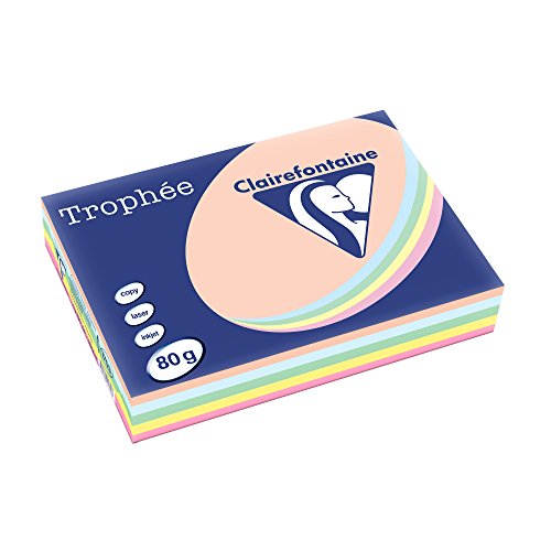 Clairefontaine 1703C Druckerpapier Trophée, für alle Laserdrucker, Kopierer und Tintenstrahldrucker, DIN A4 (21 x 29,7 cm), 80g, 1 Ries mit 500 Blatt, Pastell sortiert von Clairefontaine