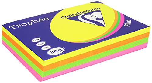 Clairefontaine 1705P Druckerpapier Trophée, für alle Laserdrucker, Kopierer und Tintenstrahldrucker, DIN A4 (21 x 29,7 cm), 80g, 1 Ries mit 500 Blatt, Neon Farben sortiert von Clairefontaine