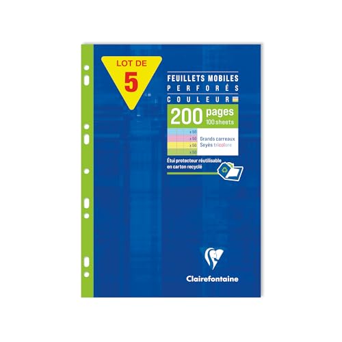 Clairefontaine 17511C 5 Hüllen Mobil, perforiert, 4 Farben – A4 21 x 29,7 cm – 200 Seiten groß kariert – weißes Papier 90 g – verschiedene Farben (50 Seiten gelb, blau, rosa und grün) von Clairefontaine