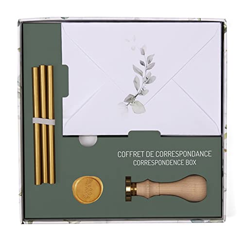 Clairefontaine 20050C - Korrespondenzset Pollen mit 20 bedruckten Umschläge C6 + Wachsstangen + Holzgriff + Siegelplatte, Eukalyptus Grün von Clairefontaine