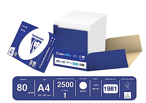 Clairefontaine 1981C - Karton mit 2500 Blatt Druckerpapier / Kopierpapier Clairalfa, extraweiß, DIN A4, 80g, Weiß, 1 Karton von Clairefontaine