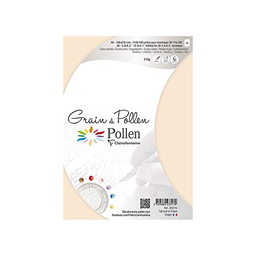 Clairefontaine 23317C - Packung mit 5 Doppelkarten Pollen DIN A6 105x148 mm 210g, ideal für Ihre Einladungen und Korrespondenz, mit feiner Körnung, Undine, 1 Pack von Clairefontaine