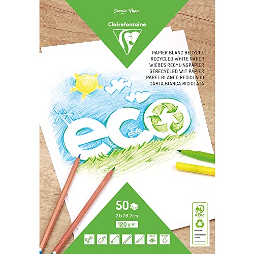 Clairefontaine 26509C - Block Recycling Papier, ideal zum Zeichnen, DIN A4 (21x29,7cm), 25 Blatt 210g, Weiß, 1 Block von Clairefontaine