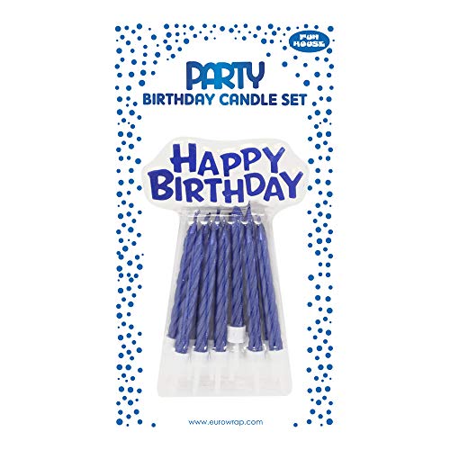 Clairefontaine 26571-BC - Set mit 12 Kerzen + 12 Kerzenhalter + Deko ''Happy Birthday'', Blau, 1 Set von Eurowrap